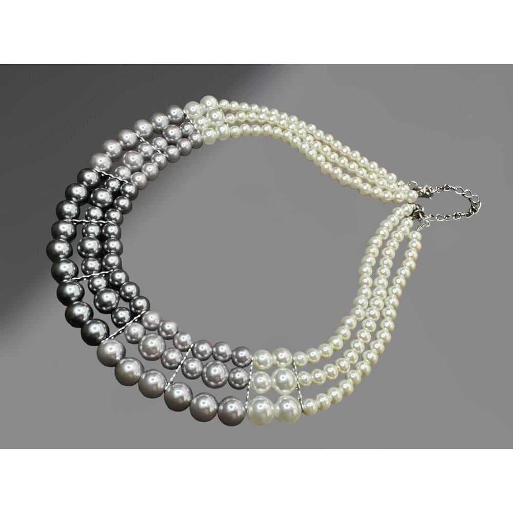 Gorgeous Ombre Necklace Tone of Gray  Whites Faux Pearl Three Strands